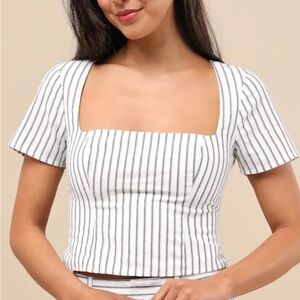 NWT Lulus Danai White and Slate Striped Short Sleeve Crop Top small